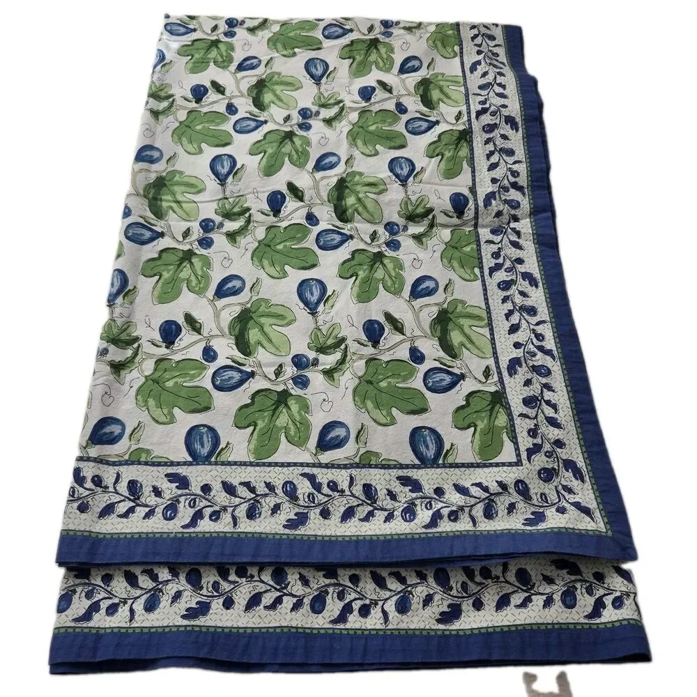 Williams Sonoma Tablecloth Figs Provence Cotton India 70x90 blue green Vintage